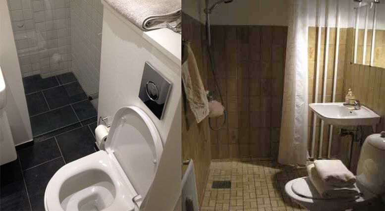 Før/efter billede på badeværelset