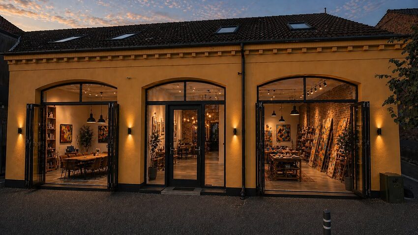 Visualisering af det nye facadeparti i Vestergade med store rundbuede glaspartier, galleri og atelier bagved